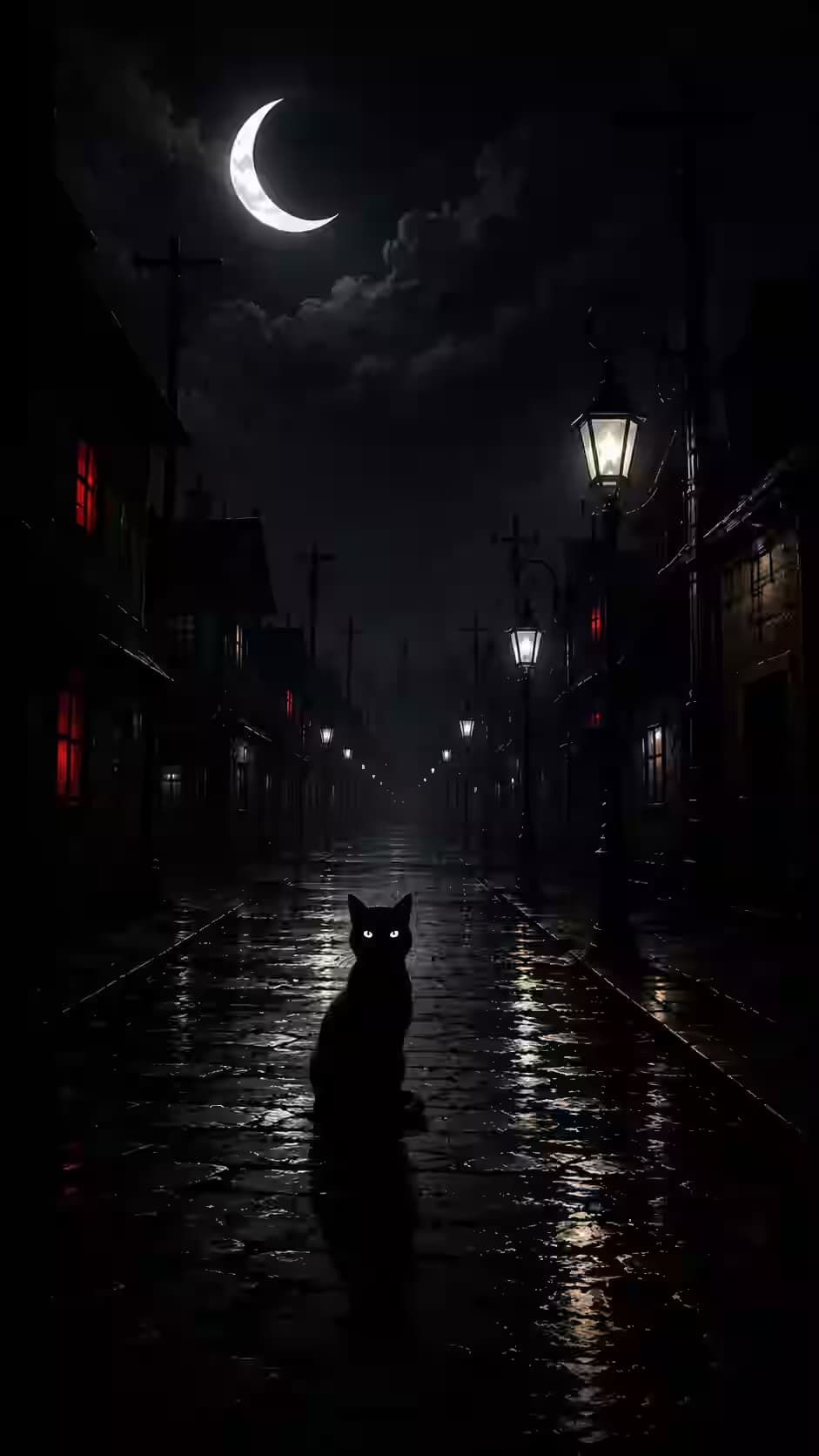 Moonlit Cat Street — dark Android wallpaper HD