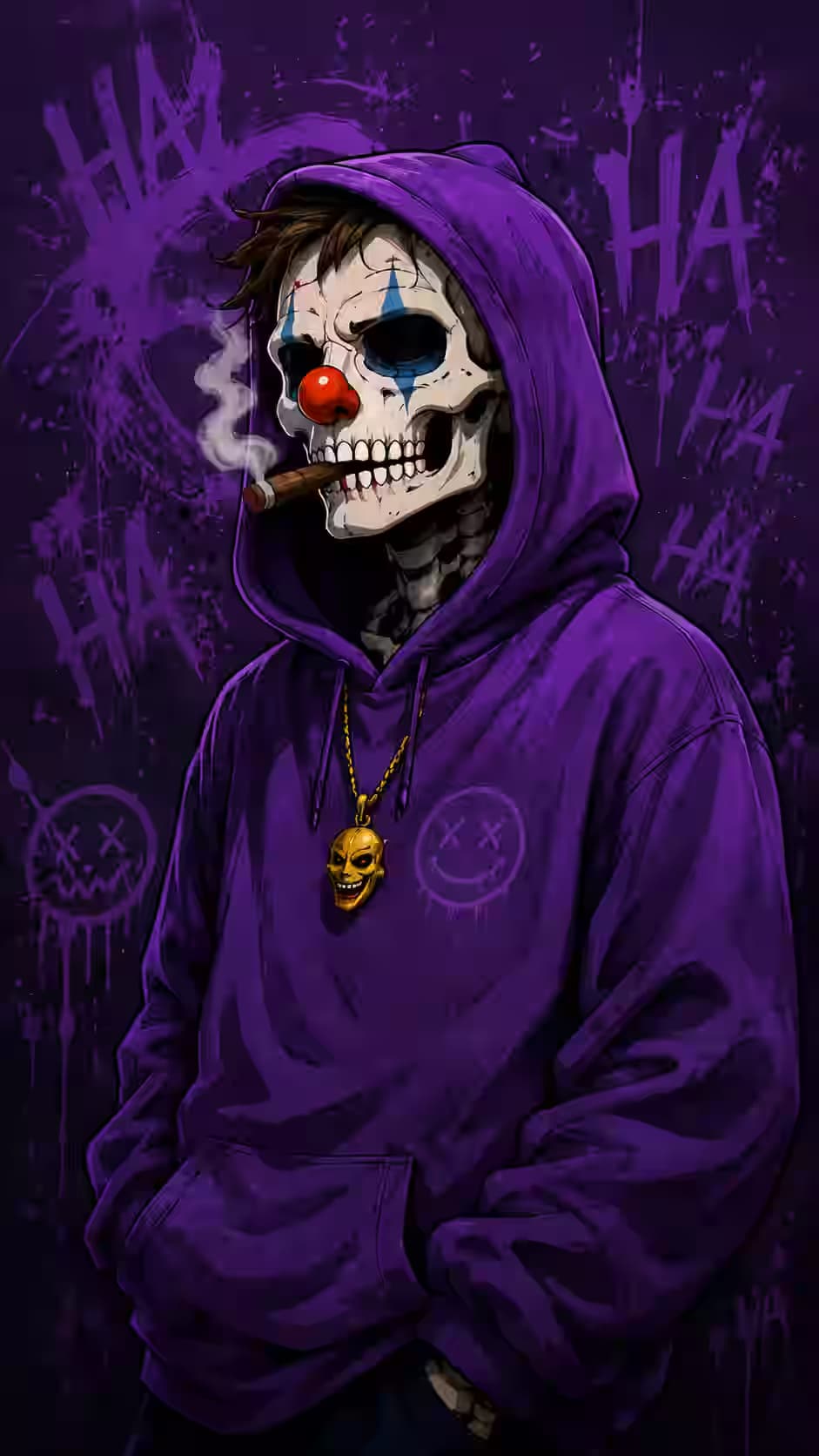 Gothic Clown Skull in Purple Hoodie — dark Android wallpaper HD