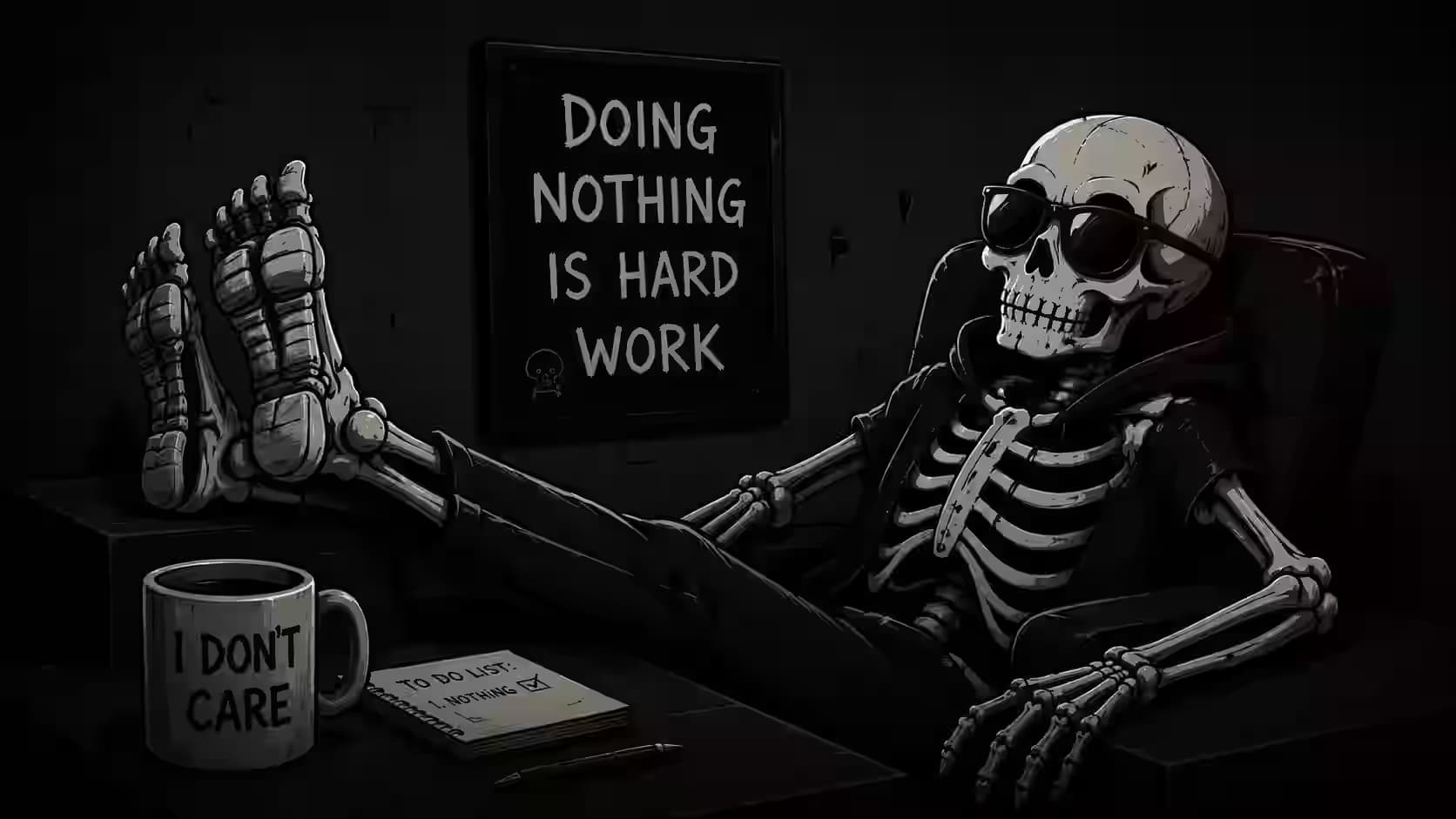 Relaxed Skeletal Humor — dark PC desktop wallpaper
