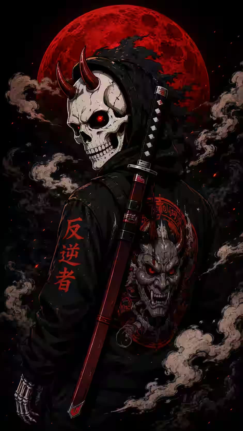 Horned Skull Katana Streetwear View 4K, Dark Aesthetic, AMOLED Background