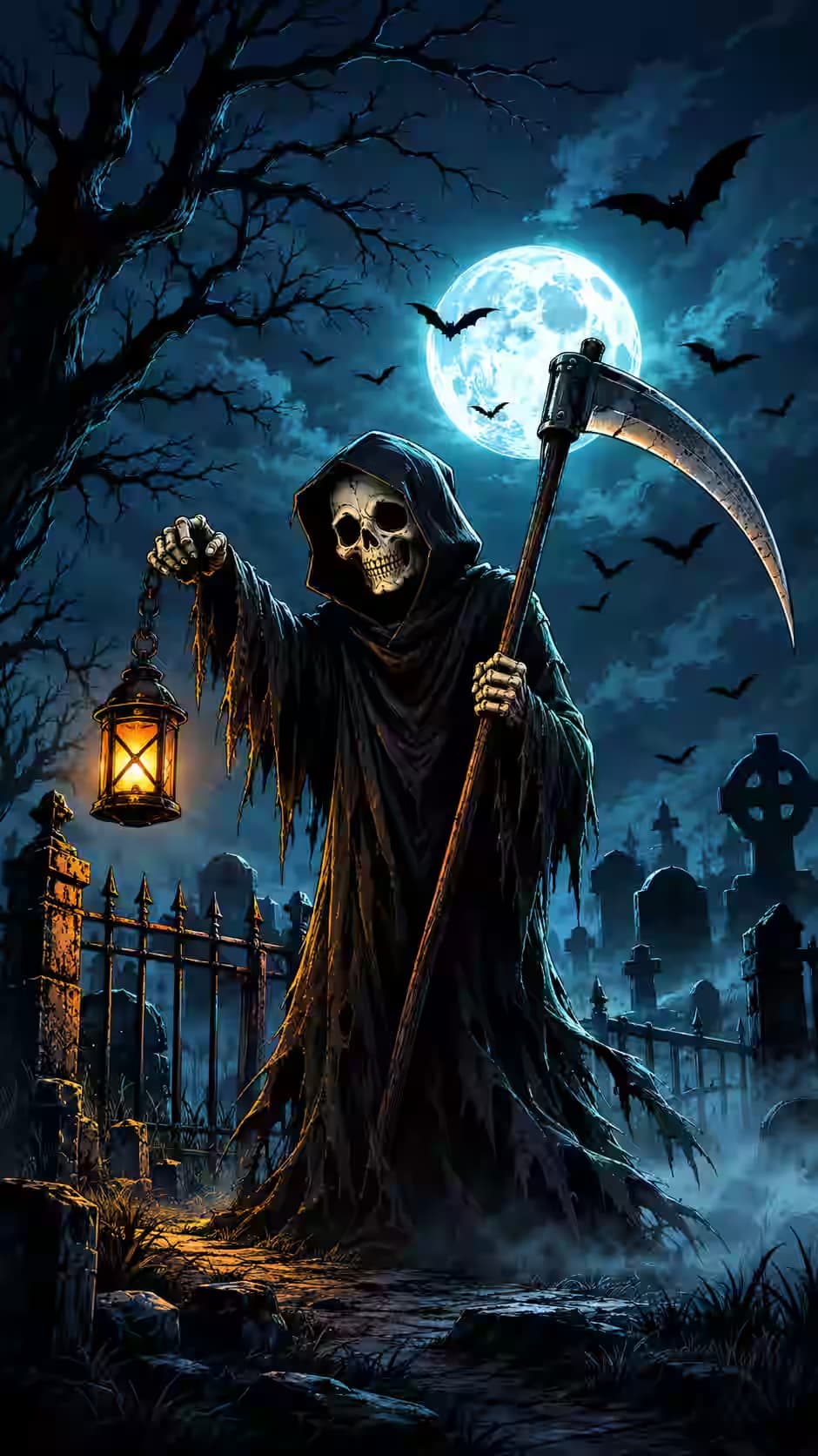 He Forgot His House Keys Again - Reaper Lantern Graveyard Wallpaper 4K, Dark Aesthetic, AMOLED Phone Background