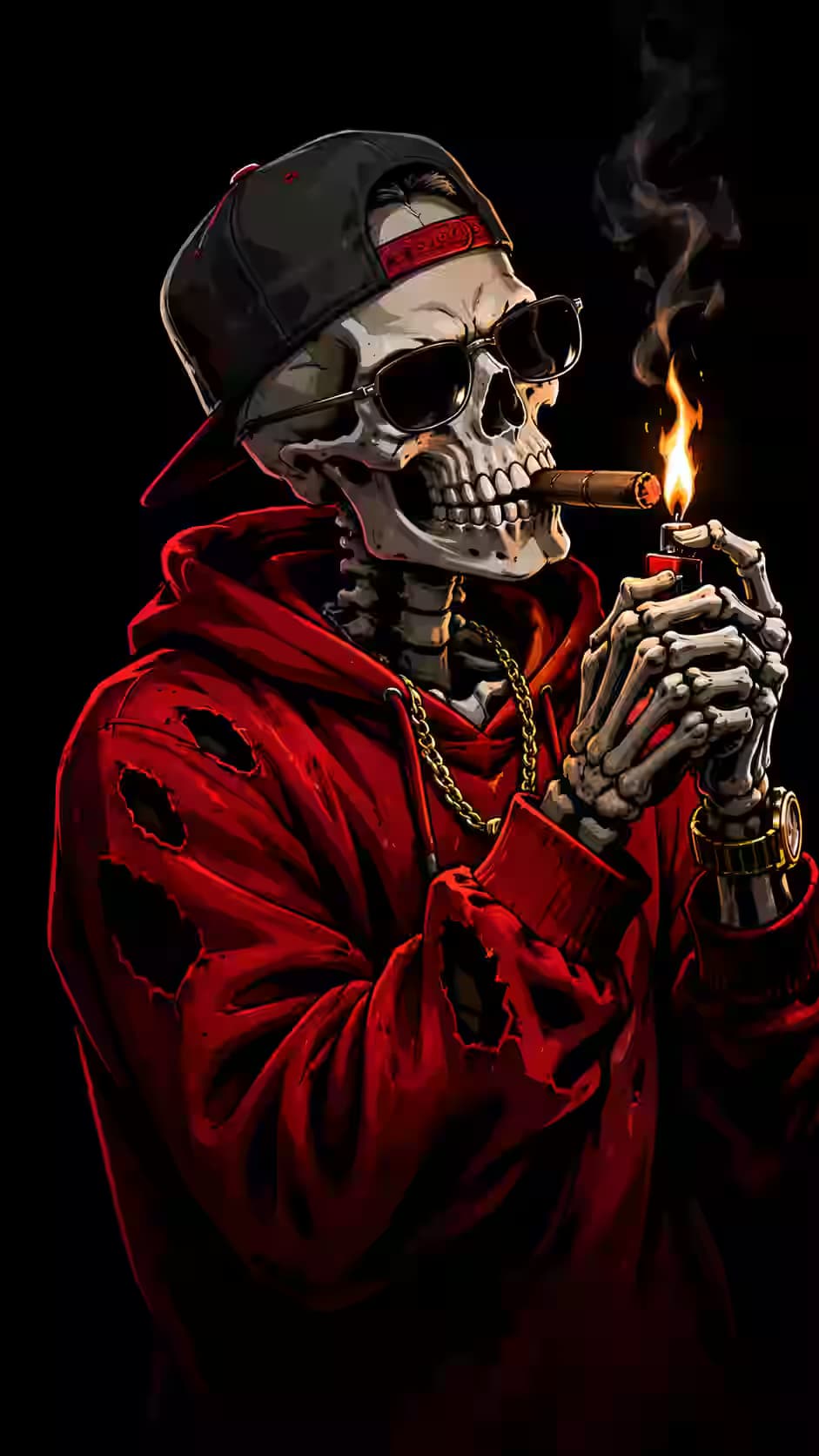 Red Hoodie Skeleton Cigar Wallpaper 4K, Dark Aesthetic, AMOLED Background