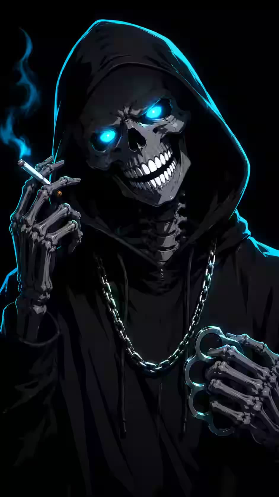 Blue Neon Skull Hoodie Smoking — dark iPhone home screen wallpaper HD