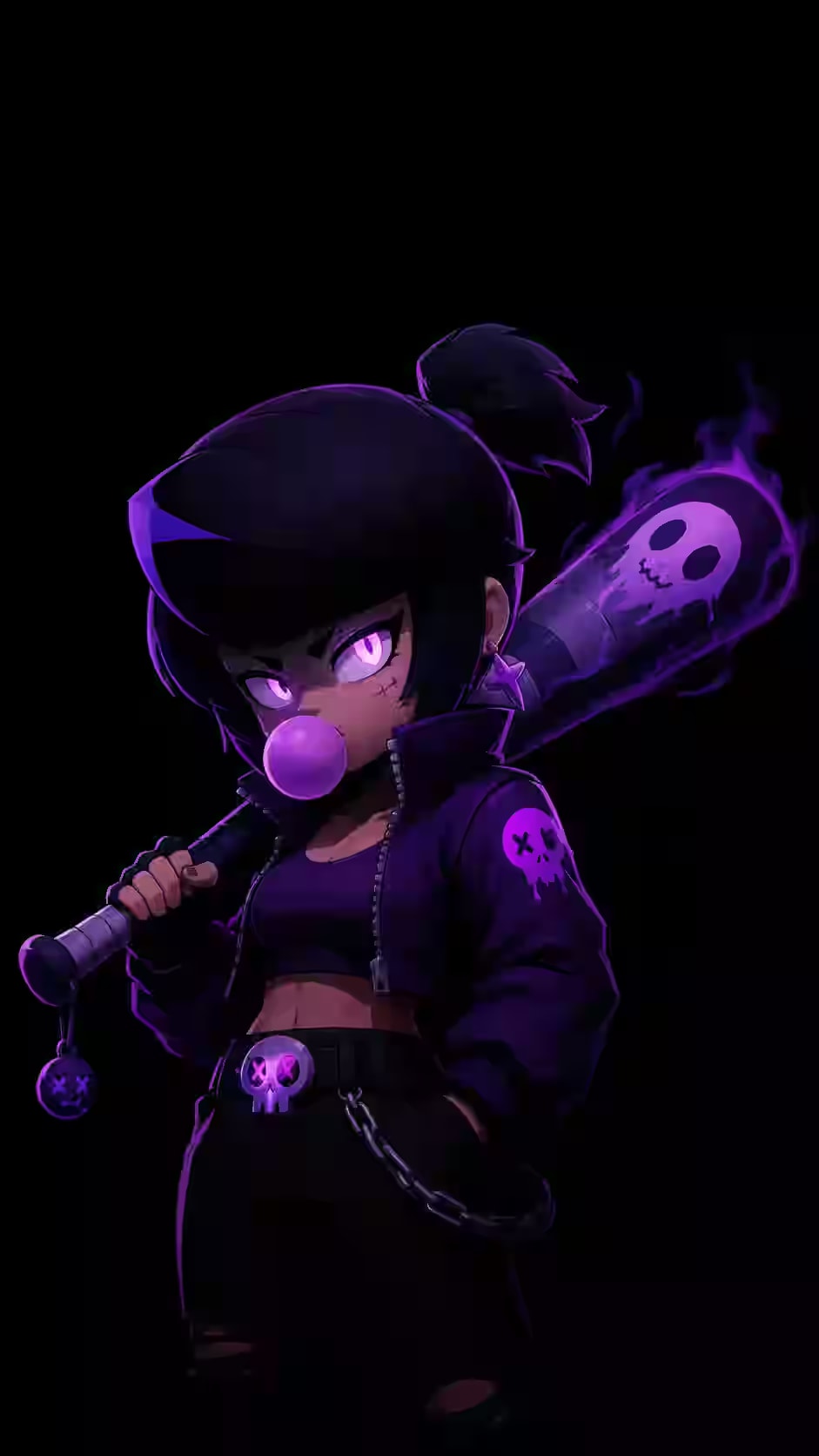 Bibi inspired fighter with a glowing purple baseball bat, bubble gum, and black streetwear on a dark AMOLED background.