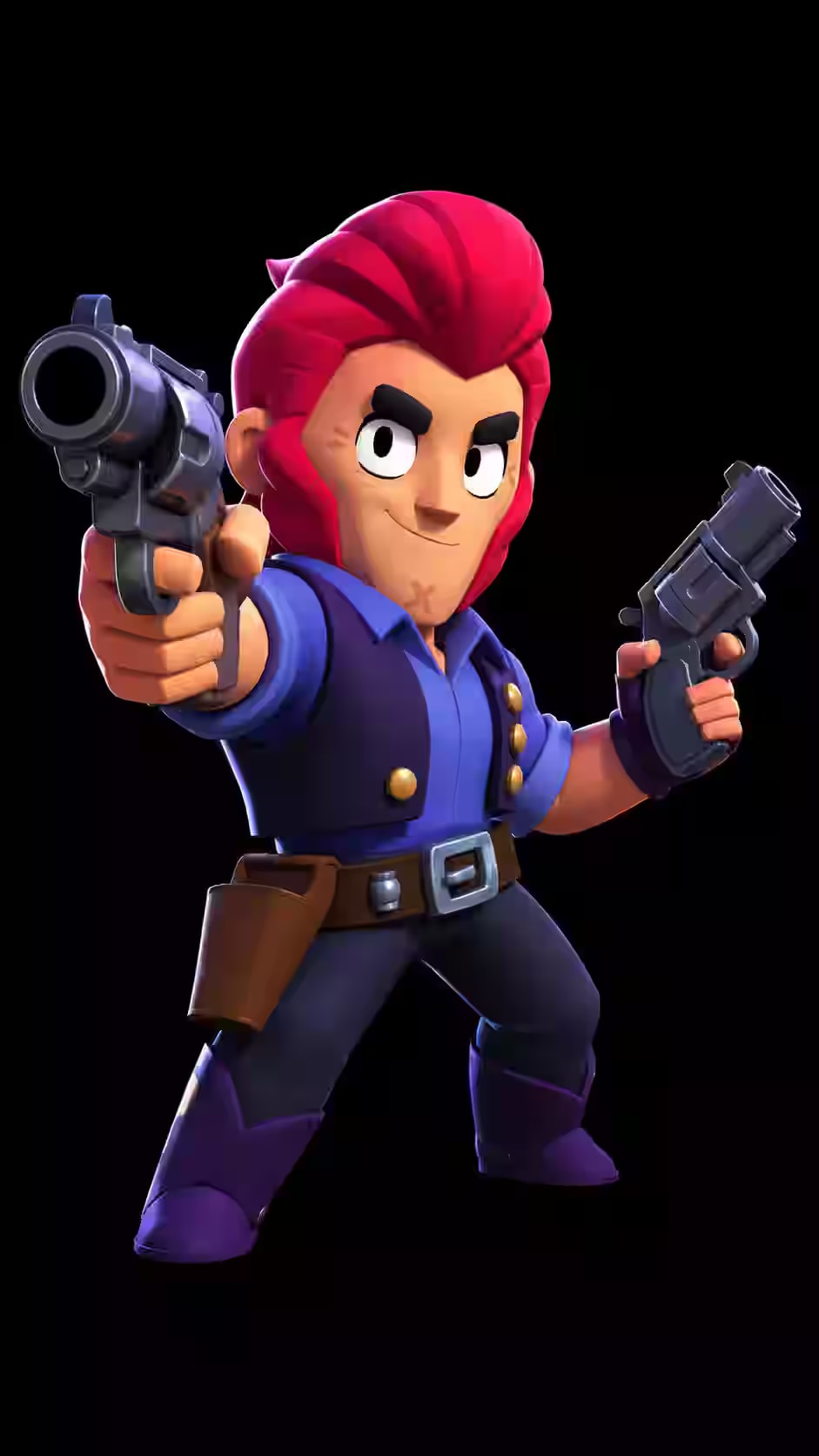 Colt from Brawl Stars aiming two revolvers with a confident smile, red hair, blue outfit, and black background profile picture.
