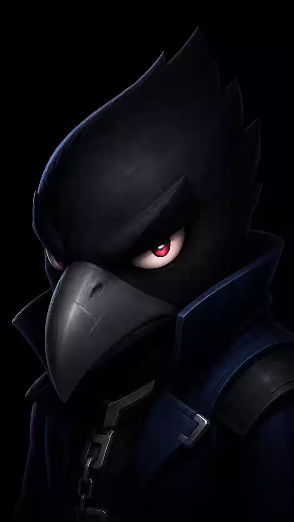 Crow inspired black raven assassin with glowing red eyes wearing a dark blue jacket against a clean black AMOLED background.