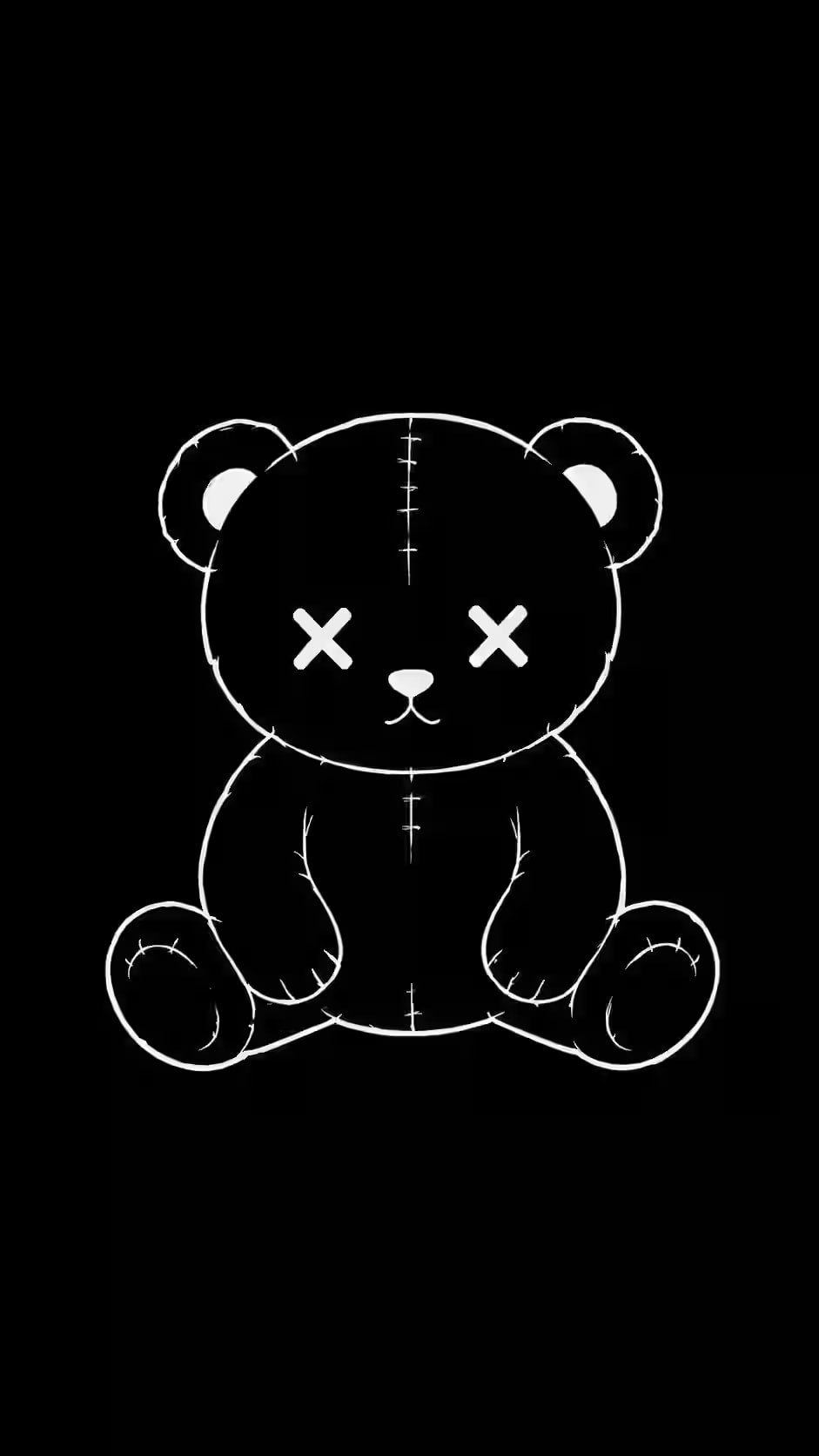 Black teddy bear with X eyes and stitching on black background, minimalist dark aesthetic illustration