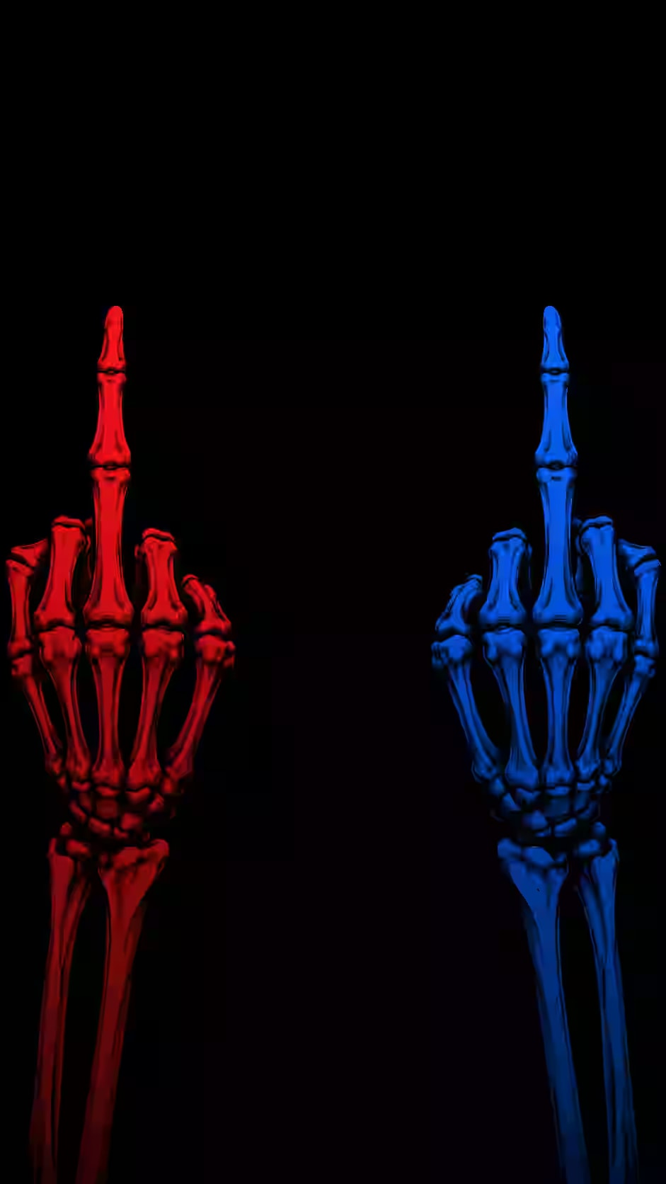 Red and blue skeleton middle fingers designed as a matching dual wallpaper with a black background.