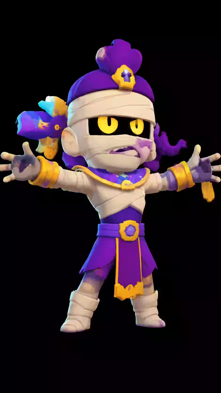 Emz Brawl Stars character with purple hair, glowing yellow eyes, mummy outfit and dark black background for gaming phone wallpaper