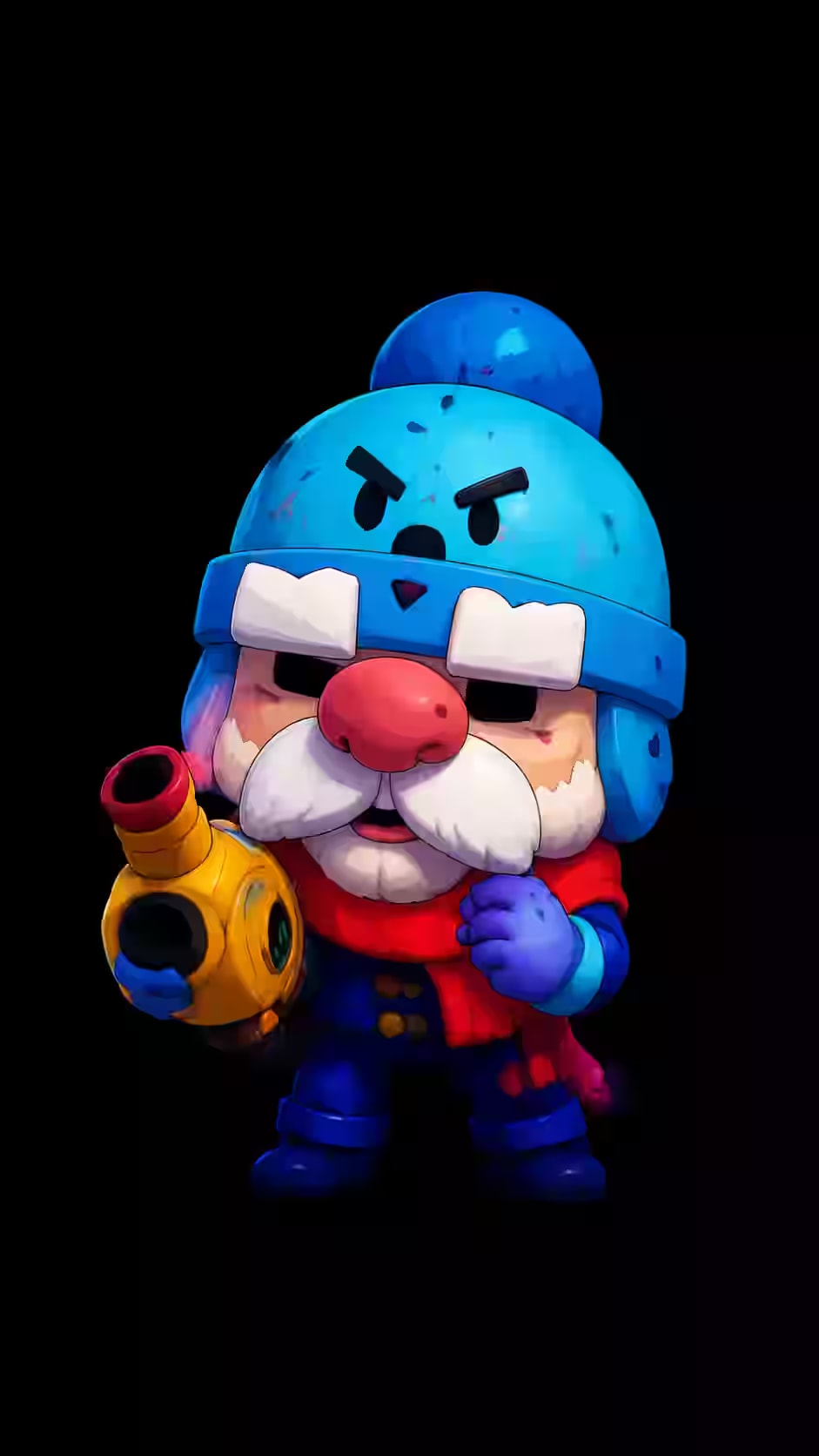 Gale holding his snow blower while wearing a blue winter hat and red scarf on a black background for a dark gaming phone wallpaper.