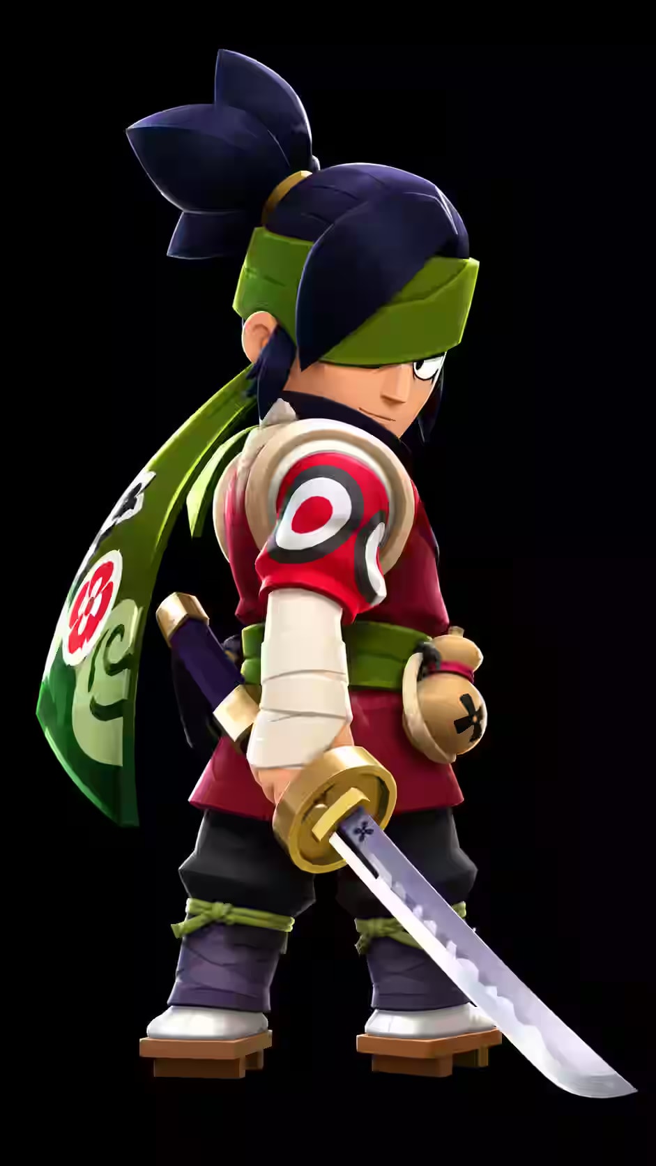 Kenji from Brawl Stars standing with a katana, green headband, red outfit, and confident pose on a black background.