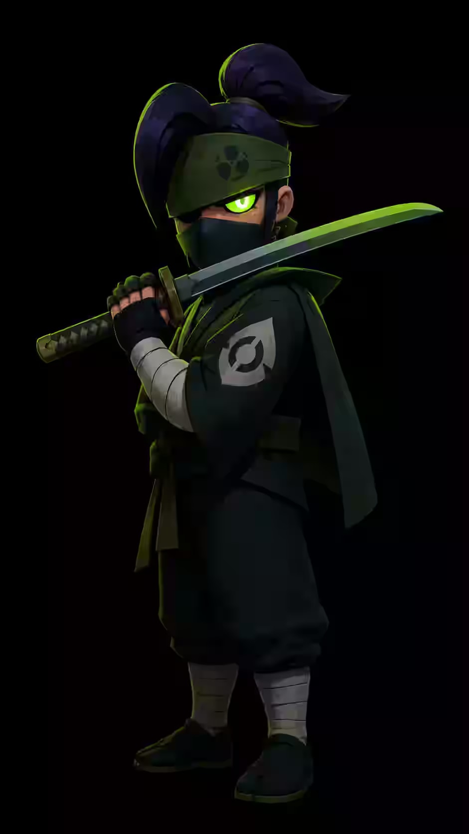 Kenji Brawl Stars wallpaper featuring Kenji holding a katana with a glowing green eye against a pure black background.