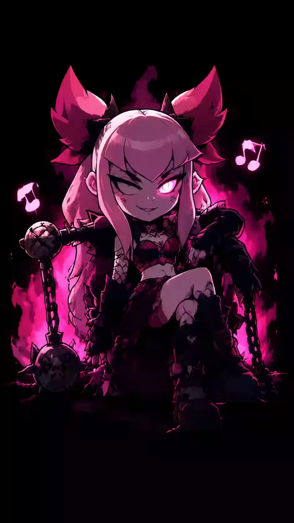 Melodie Brawl Stars wallpaper featuring Melodie seated with a microphone, glowing pink eye and neon music notes against a pure black background.