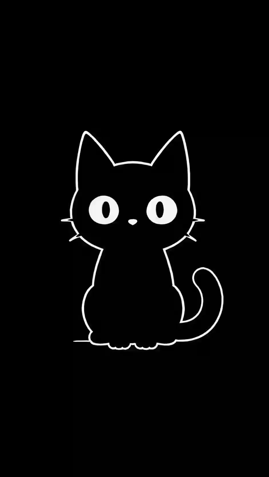 A minimalist black cat with white outlines sits against a solid black background, featuring large round eyes and a curled tail, embodying a dark, cute aesthetic.