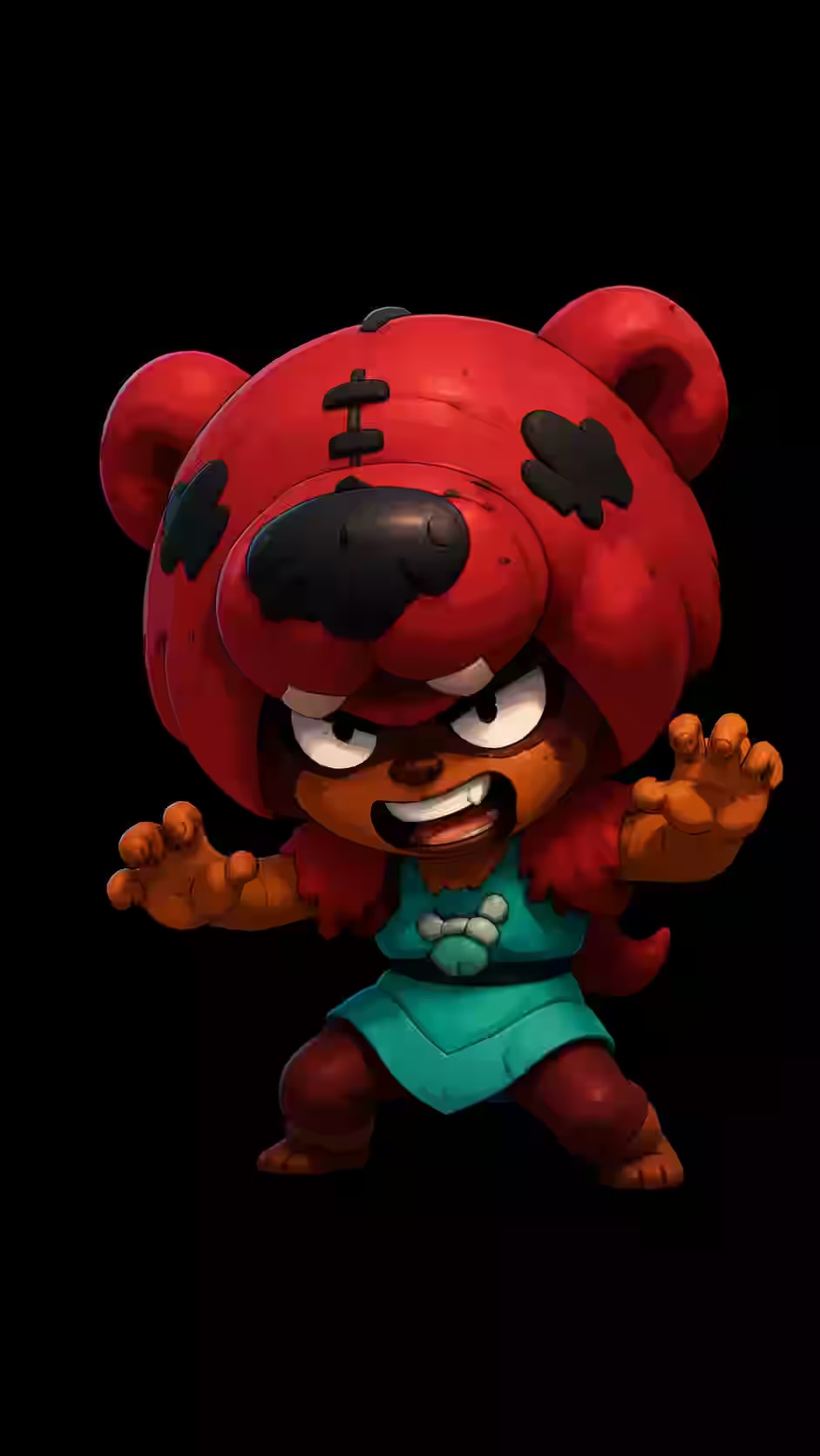 Nita wearing a fierce red bear hood while preparing to attack on a black background for a dark gaming phone wallpaper.