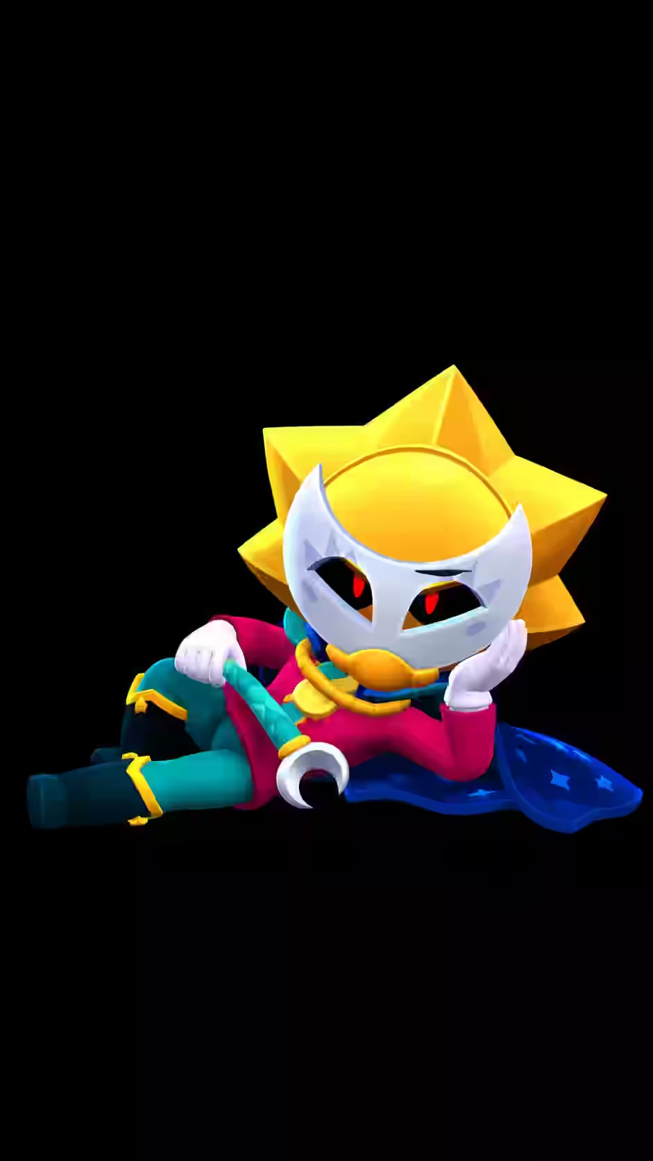 Sirius from Brawl Stars surrounded by dark shadow energy and glowing purple details on a clean black phone background.