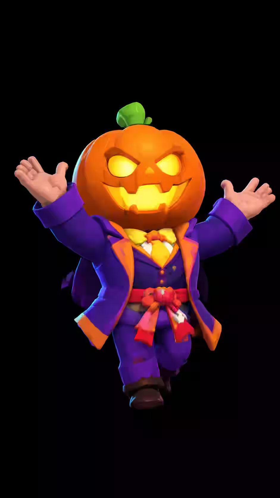 Stu character wearing a purple suit with glowing pumpkin head and orange Halloween style on a black background for gaming phone wallpaper