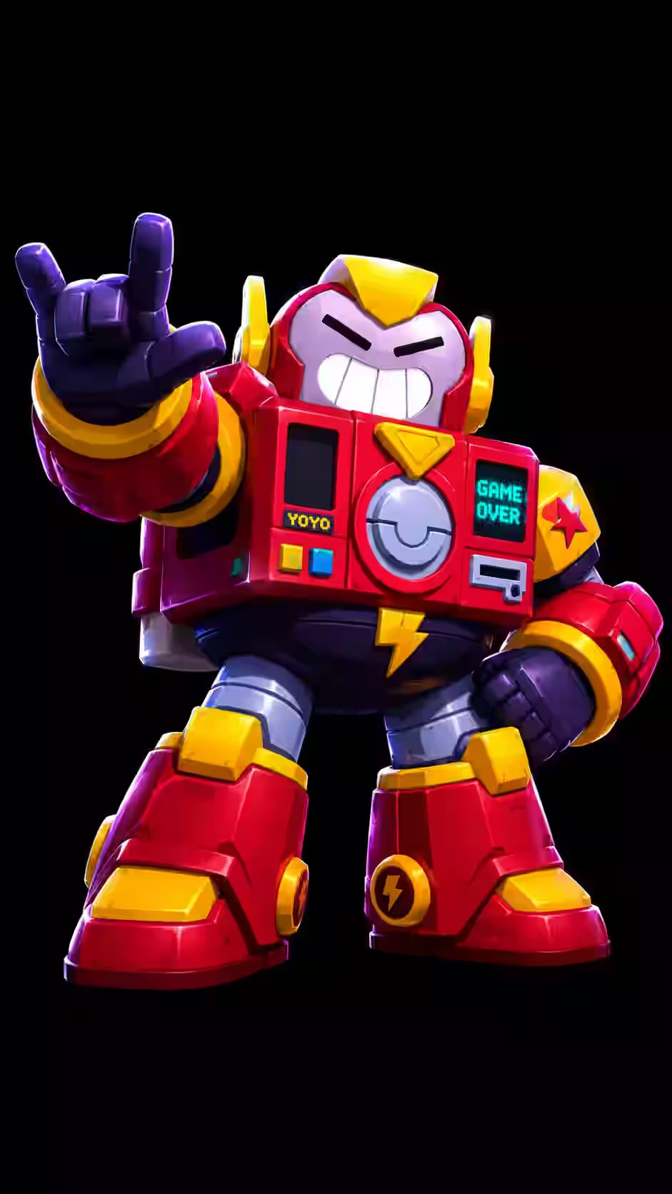 Surge from Brawl Stars in a red and yellow robot suit smiling while raising his hand, standing against a black background with arcade-inspired details.